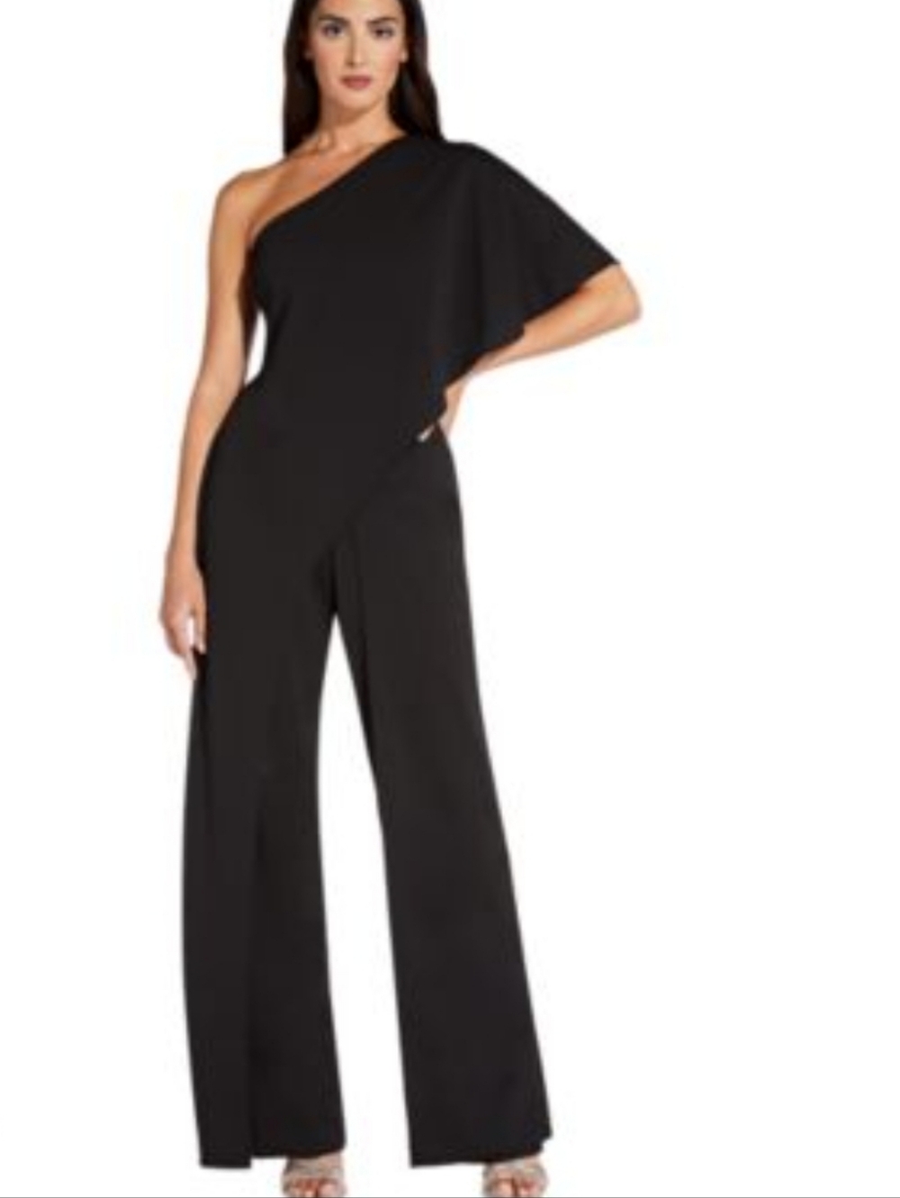 Adriana Papell One Shoulder Draped Jumpsuit Black Stretchy Plus Size 16